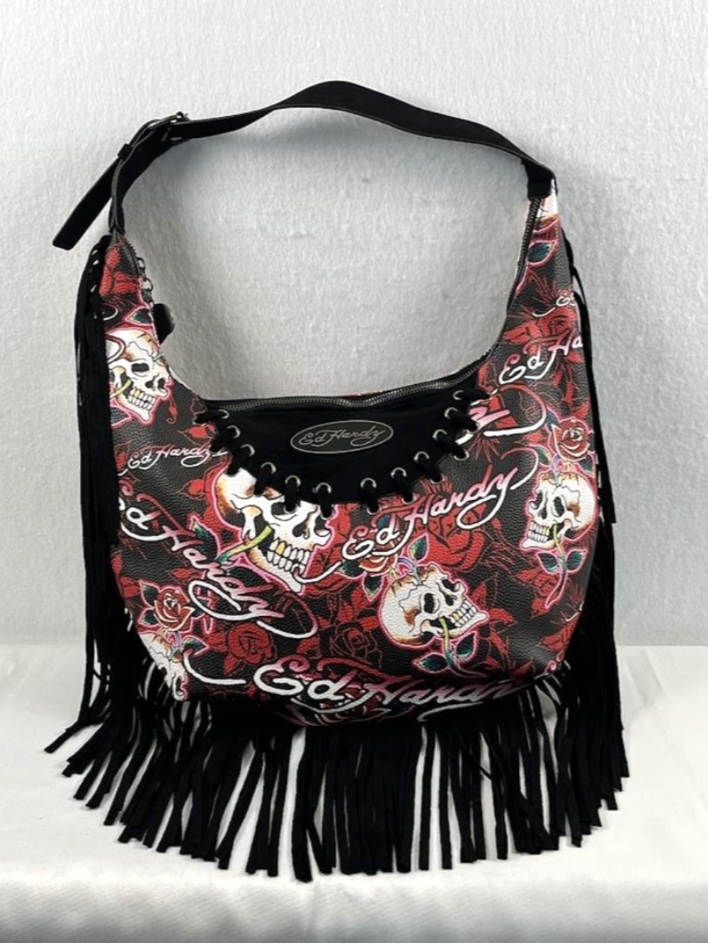 NEW Ed Hardy Fringed Hobo Shoulder Bag - Skulls & Roses - Red Tattoo Logo